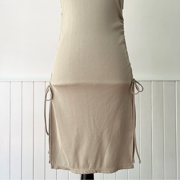 Zara Tan Ribbed Knit Ruched Drawstring Bodycon Dress Size S - Picture 3 of 15